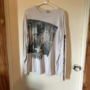 Justin Bieber White Long Sleeve Tee with Artistic Graphic